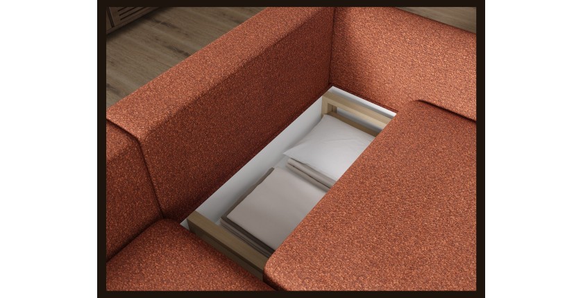 Canapé d’angle convertible ARVESSA terracotta bouclette – Angle gauche avec coffre 