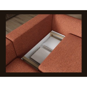 Canapé d’angle convertible ARVESSA terracotta bouclette – Angle gauche avec coffre 