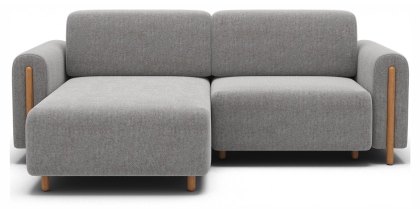 Canapé d’angle convertible ARVESSA gris clair bouclette – Angle gauche avec coffre 