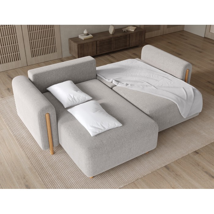 Canapé d’angle convertible ARVESSA gris clair bouclette – Angle gauche avec coffre 