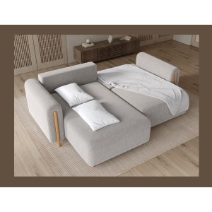 Canapé d’angle convertible ARVESSA gris clair bouclette – Angle gauche avec coffre 