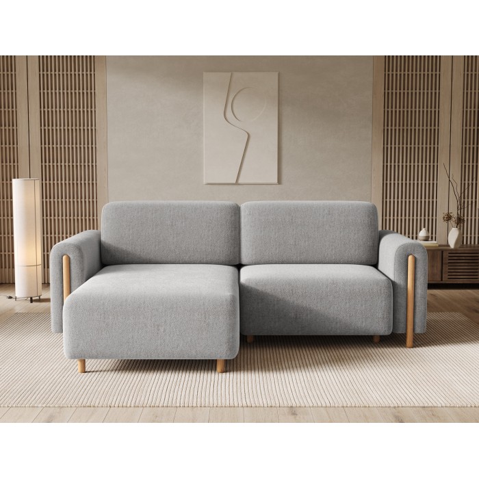 Canapé d’angle convertible ARVESSA gris clair bouclette – Angle gauche avec coffre 