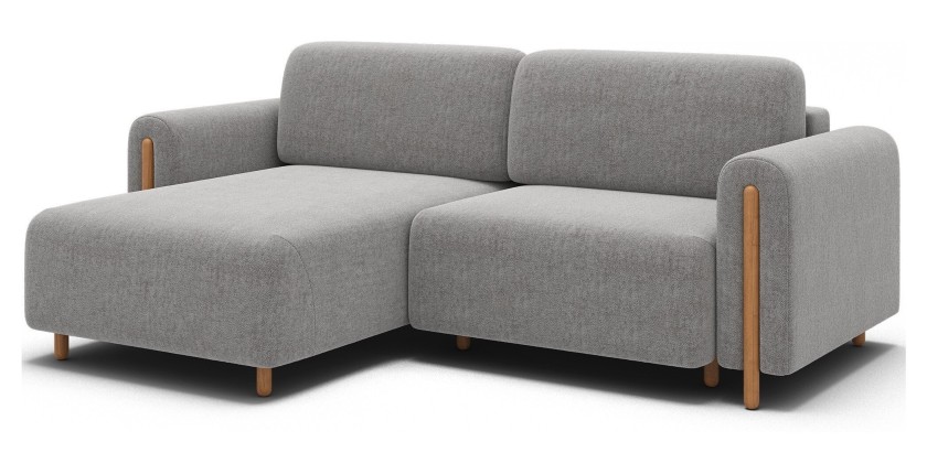 Canapé d’angle convertible ARVESSA gris clair bouclette – Angle gauche avec coffre 
