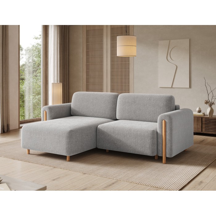 Canapé d’angle convertible ARVESSA gris clair bouclette – Angle gauche avec coffre 
