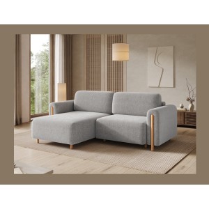 Canapé d’angle convertible ARVESSA gris clair bouclette – Angle gauche avec coffre 
