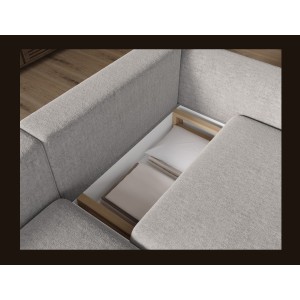 Canapé d’angle convertible ARVESSA gris clair bouclette – Angle gauche avec coffre 