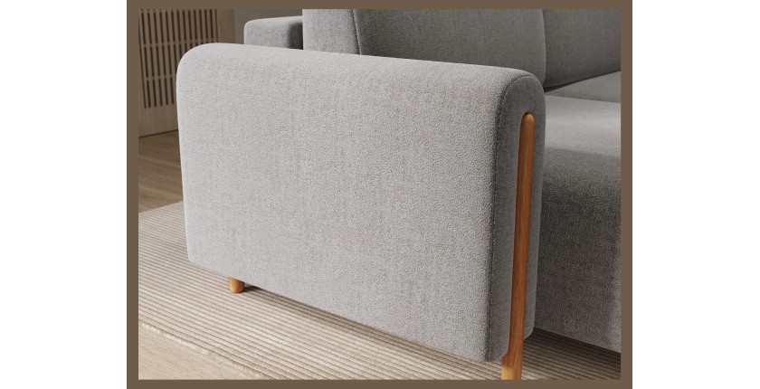 Canapé d’angle convertible ARVESSA gris clair bouclette – Angle gauche avec coffre 