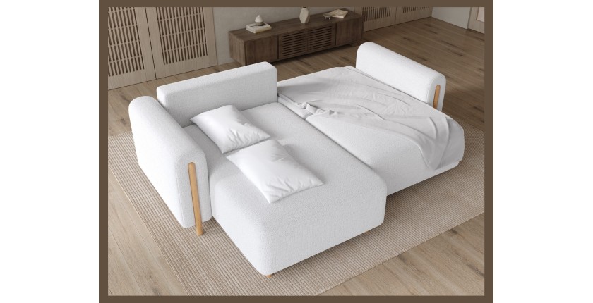 Canapé d’angle convertible ARVESSA blanc alpin chenille – Angle gauche avec coffre 