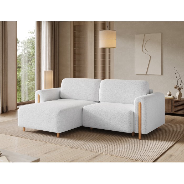 Canapé d’angle convertible ARVESSA blanc alpin chenille – Angle gauche avec coffre 