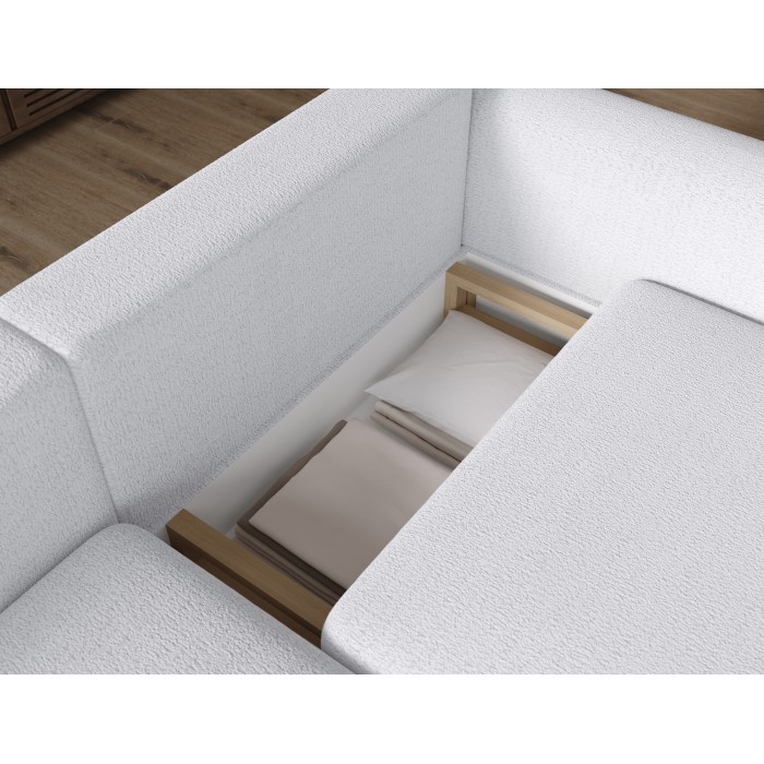 Canapé d’angle convertible ARVESSA blanc alpin chenille – Angle gauche avec coffre 