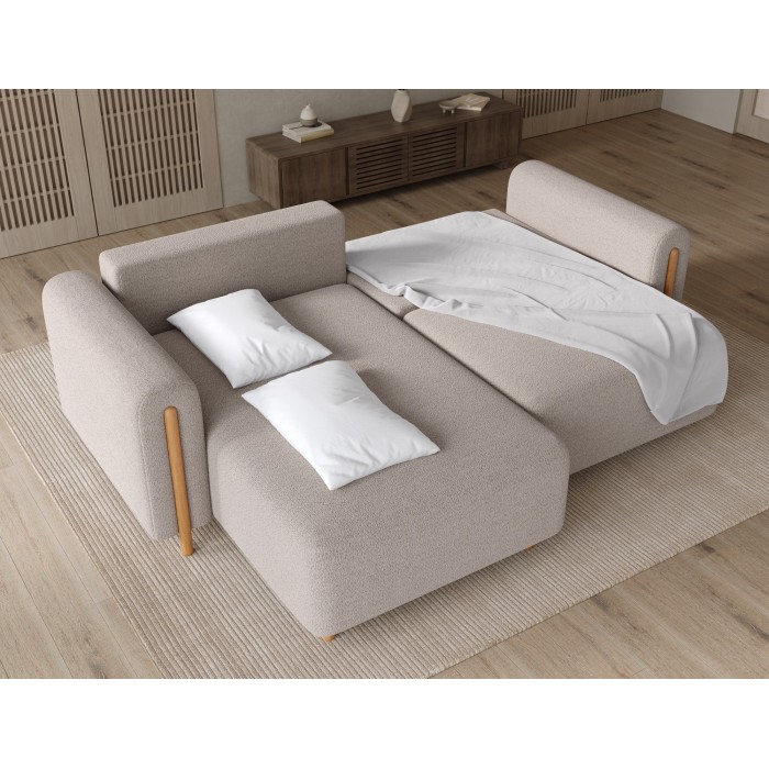 Canapé d’angle convertible ARVESSA beige chenille – Angle gauche avec coffre 