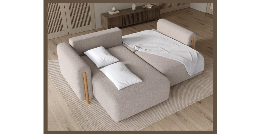 Canapé d’angle convertible ARVESSA beige chenille – Angle gauche avec coffre 