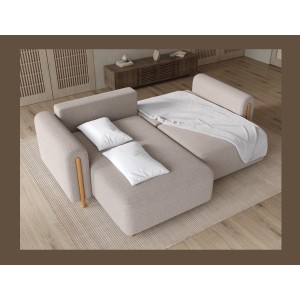 Canapé d’angle convertible ARVESSA beige chenille – Angle gauche avec coffre 