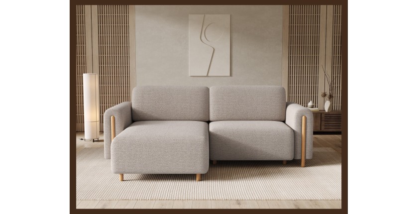 Canapé d’angle convertible ARVESSA beige chenille – Angle gauche avec coffre 