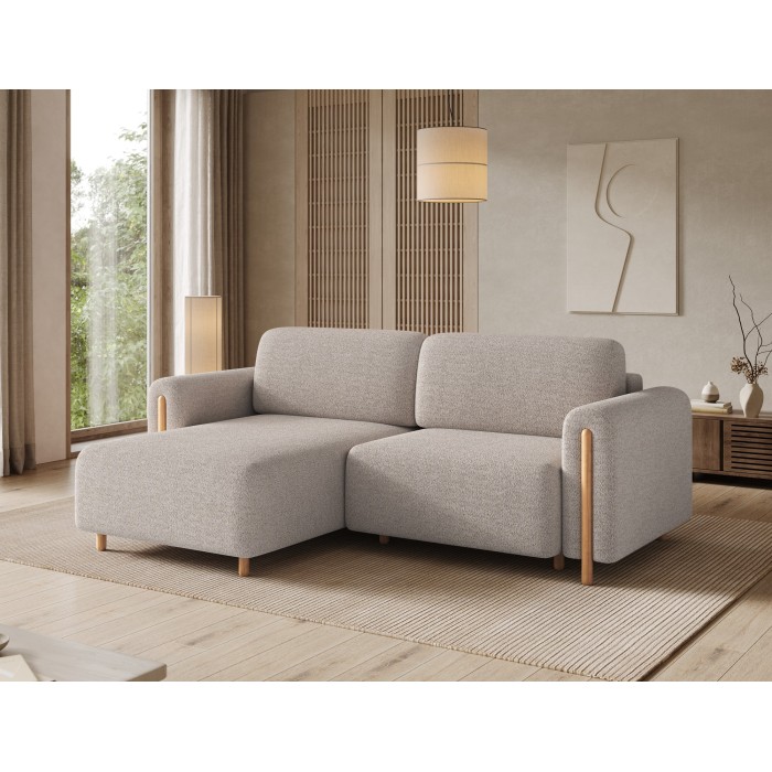 Canapé d’angle convertible ARVESSA beige chenille – Angle gauche avec coffre 