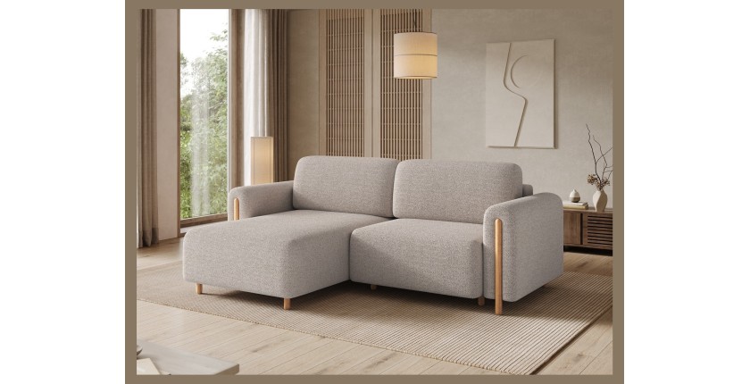Canapé d’angle convertible ARVESSA beige chenille – Angle gauche avec coffre 