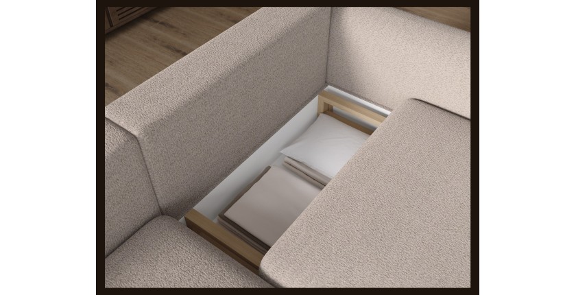 Canapé d’angle convertible ARVESSA beige chenille – Angle gauche avec coffre 