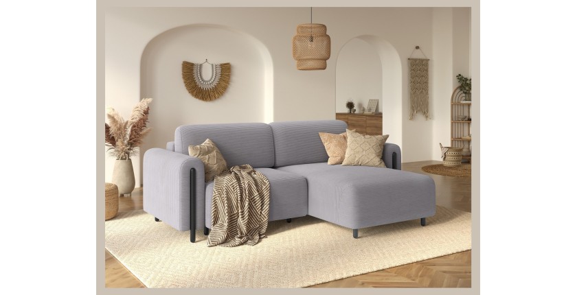 Canapé d’angle convertible ARVESSA gris clair velours côtelé – Angle droit 