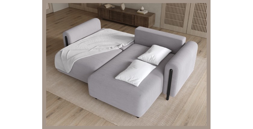 Canapé d’angle convertible ARVESSA gris clair velours côtelé – Angle droit 