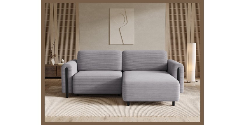 Canapé d’angle convertible ARVESSA gris clair velours côtelé – Angle droit 
