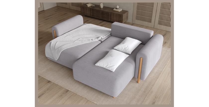 Canapé d’angle convertible ARVESSA gris clair velours côtelé – Angle droit 