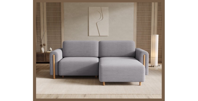 Canapé d’angle convertible ARVESSA gris clair velours côtelé – Angle droit 