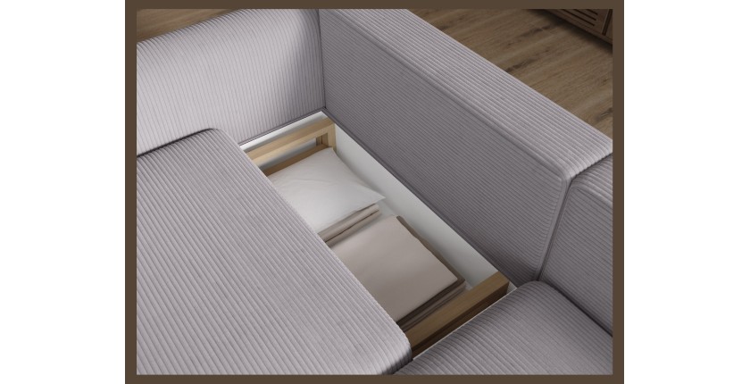 Canapé d’angle convertible ARVESSA gris clair velours côtelé – Angle droit 