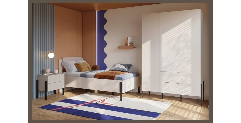 Armoire SALMA 3 portes avec tiroirs cachemire et pieds métal noir 135 cm