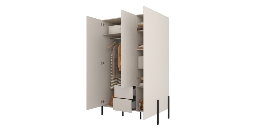 Armoire SALMA 3 portes avec tiroirs cachemire et pieds métal noir 135 cm
