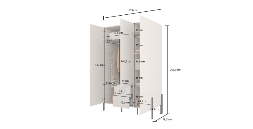 Armoire SALMA 3 portes avec tiroirs cachemire et pieds métal noir 135 cm