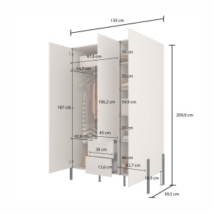 Armoire SALMA 3 portes avec tiroirs cachemire et pieds métal noir 135 cm