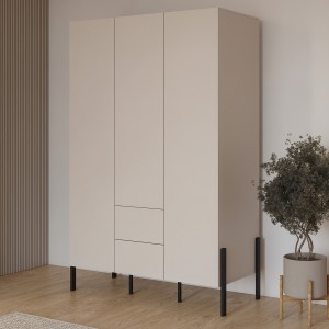 Armoire SALMA 3 portes avec tiroirs cachemire et pieds métal noir 135 cm