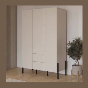 Armoire SALMA 3 portes avec tiroirs cachemire et pieds métal noir 135 cm