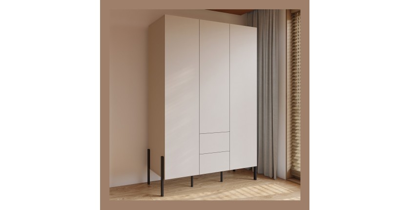 Armoire SALMA 3 portes avec tiroirs cachemire et pieds métal noir 135 cm