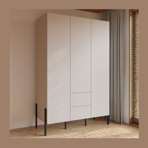Armoire SALMA 3 portes avec tiroirs cachemire et pieds métal noir 135 cm