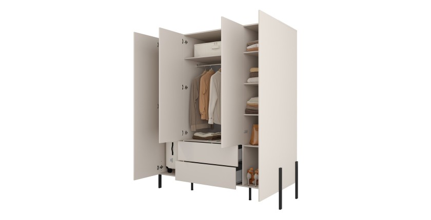 Armoire SALMA 4 portes cachemire avec tiroirs et pieds métal noir 180 cm