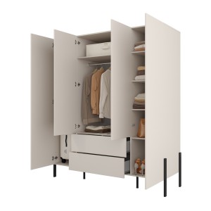 Armoire SALMA 4 portes cachemire avec tiroirs et pieds métal noir 180 cm