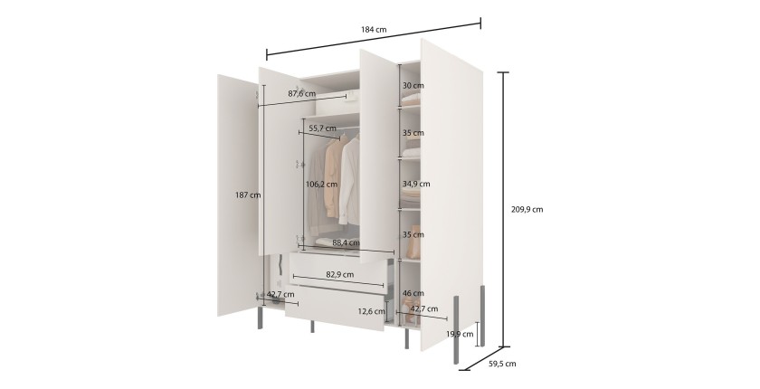 Armoire SALMA 4 portes cachemire avec tiroirs et pieds métal noir 180 cm