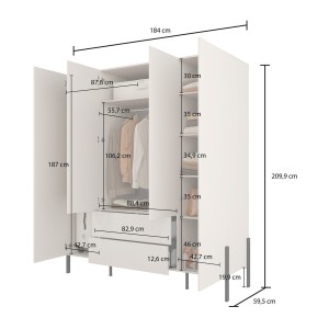 Armoire SALMA 4 portes cachemire avec tiroirs et pieds métal noir 180 cm