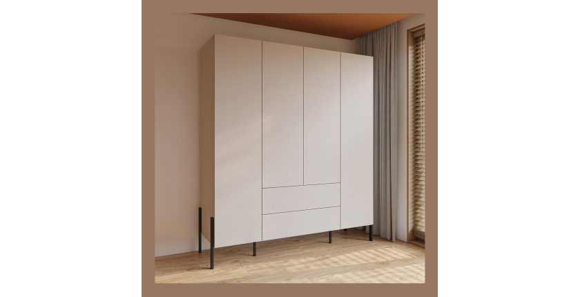 Armoire SALMA 4 portes cachemire avec tiroirs et pieds métal noir 180 cm