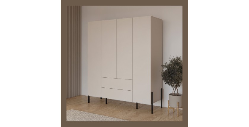 Armoire SALMA 4 portes cachemire avec tiroirs et pieds métal noir 180 cm