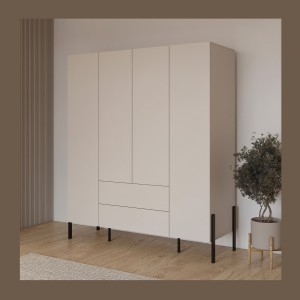 Armoire SALMA 4 portes cachemire avec tiroirs et pieds métal noir 180 cm