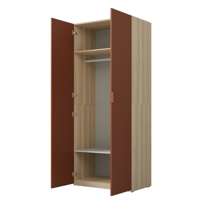 Armoire CALMIA terracotta et chêne clair 90 cm avec penderie et étagères