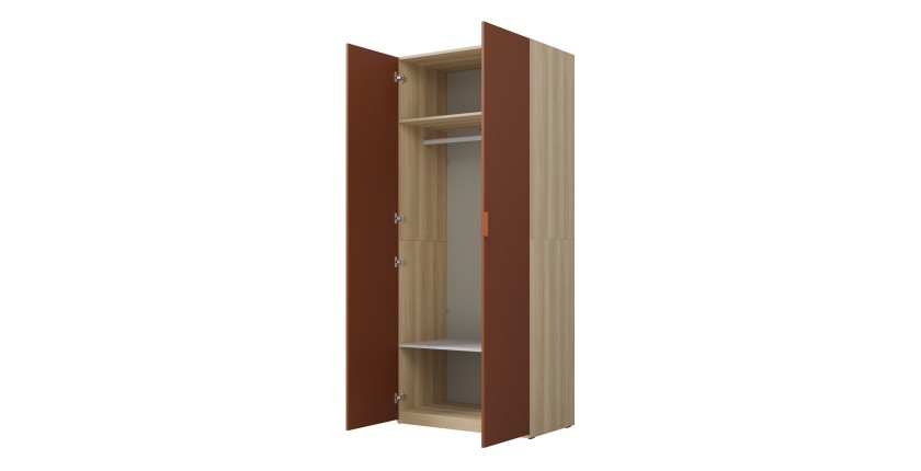 Armoire CALMIA terracotta et chêne clair 90 cm avec penderie et étagères