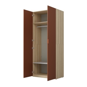 Armoire CALMIA terracotta et chêne clair 90 cm avec penderie et étagères