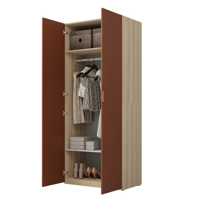 Armoire CALMIA terracotta et chêne clair 90 cm avec penderie et étagères