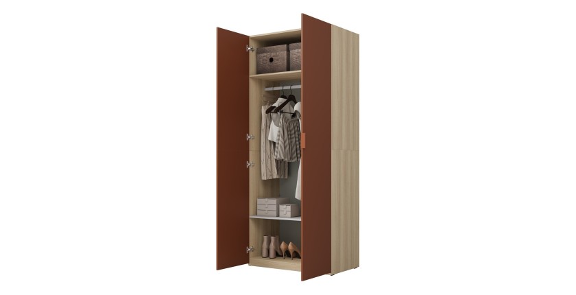 Armoire CALMIA terracotta et chêne clair 90 cm avec penderie et étagères