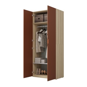 Armoire CALMIA terracotta et chêne clair 90 cm avec penderie et étagères