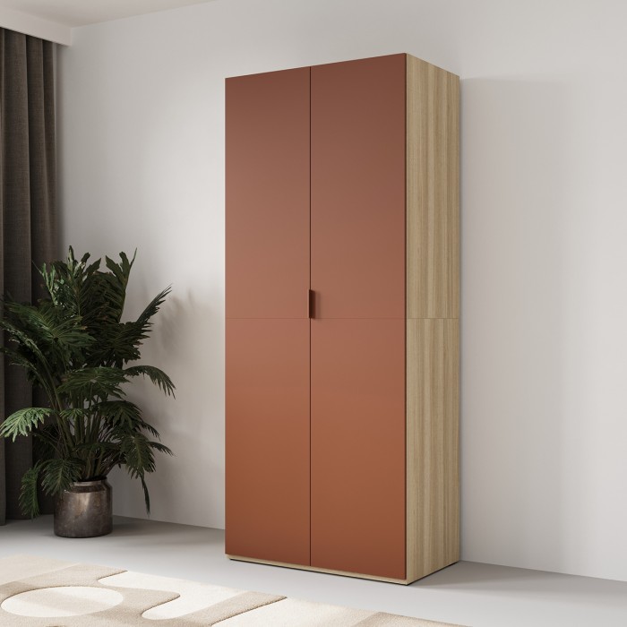 Armoire CALMIA terracotta et chêne clair 90 cm avec penderie et étagères
