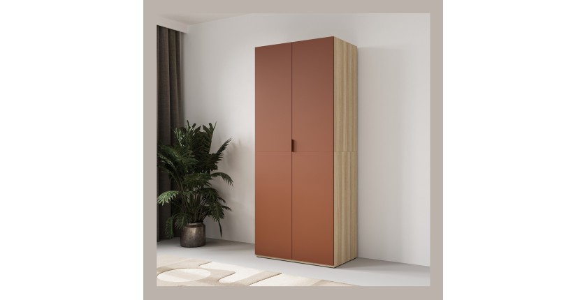 Armoire CALMIA terracotta et chêne clair 90 cm avec penderie et étagères
